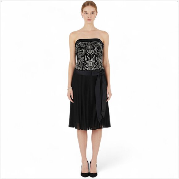 Kay Unger Black Beaded Embroidered Bodice Pleated Skirt Strapless Party Dress 2 - Picture 1 of 7